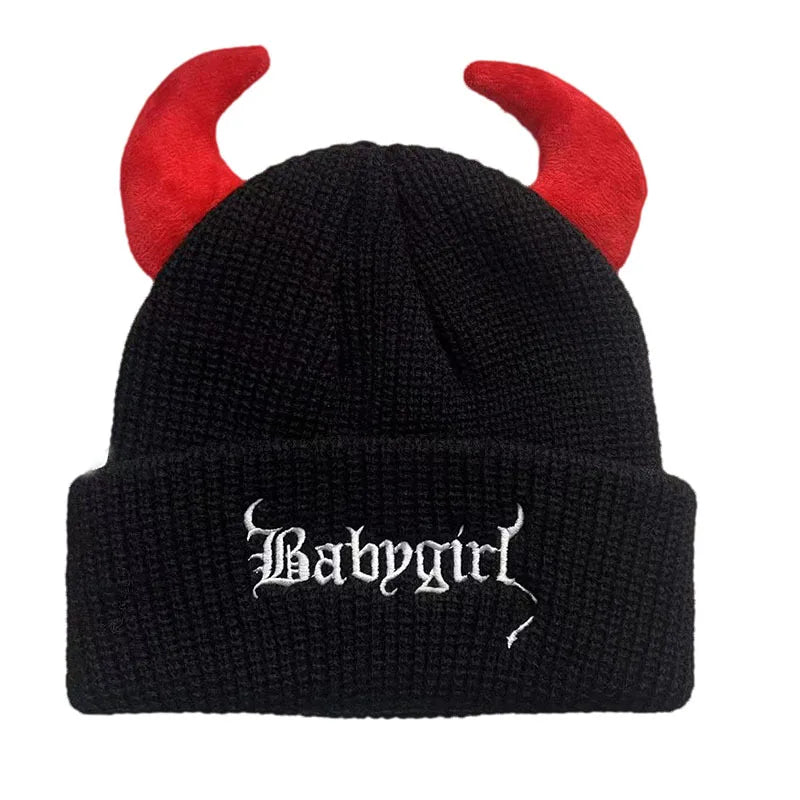 New Unisex Knitted Beanie With Devil Horns Halloween Distressed Skull Cap Hip Hop Winter Warm Yarn Hat For Men Women