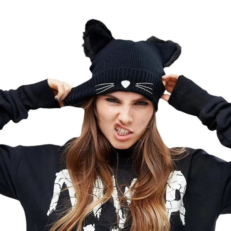 New Cat Solid Color Ear Knitted Hat Embroidered Yarn Hat Cute Autumn and Winter Warm Pullover Hat Versatile Cold Hat