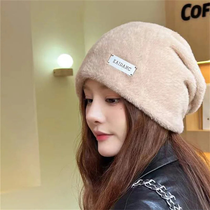 Plush Beanies Hats For Women Winter Warm Solid Baggy Fleece Wool Skullies Hat Outdoor Coldproof Thicken Caps
