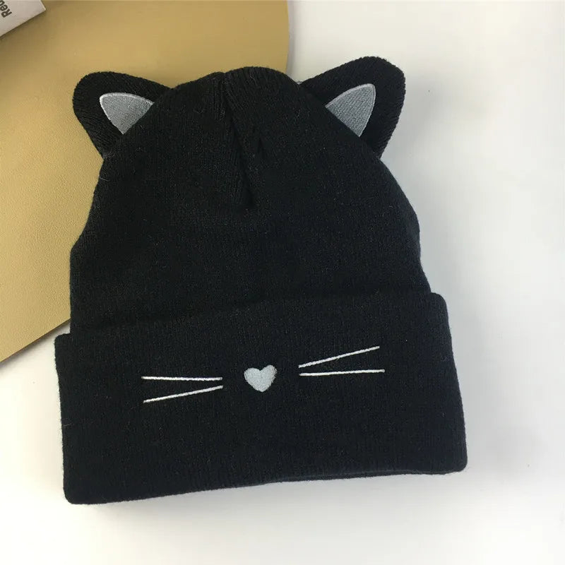 Knitted Hat with Cute Cat Ears Embroidery for Women, Warm and Cold Weather Outdoor Earflap Hat