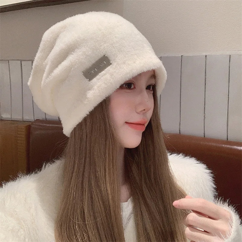 Plush Beanies Hats For Women Winter Warm Solid Baggy Fleece Wool Skullies Hat Outdoor Coldproof Thicken Caps